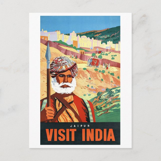 Carte Postale Visitez l'Inde, Jaipur, l'homme en garde. (Devant)