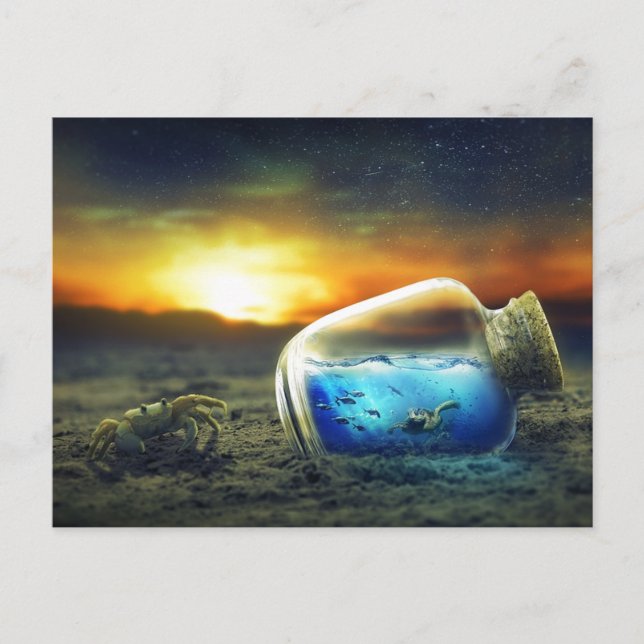 Carte Postale Vivid Sunset Beach Crab/Sea Life in Bottle Surreal (Devant)