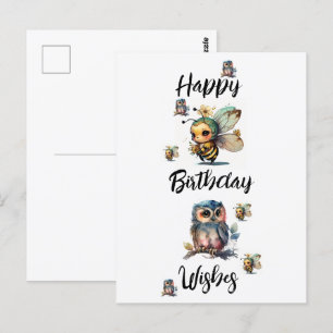 Carte Postale VOEUX D'ANNIVERSAIRE Chouettes et Abeilles    Cart