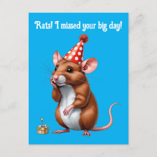 Carte Postale Vœux d'anniversaire tardifs avec un rat mignon