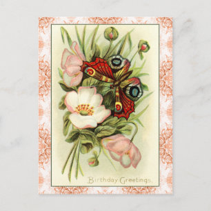 Carte Postale Voeux d'anniversaire vintages : Fleurs et papillon