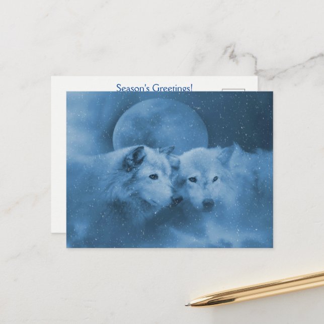 Carte Postale Vœux de Noël avec la lune aux loups (Devant/Arrière en situation)