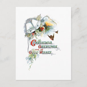 Carte Postale Voeux de Noël, cloches, Robins et Holly
