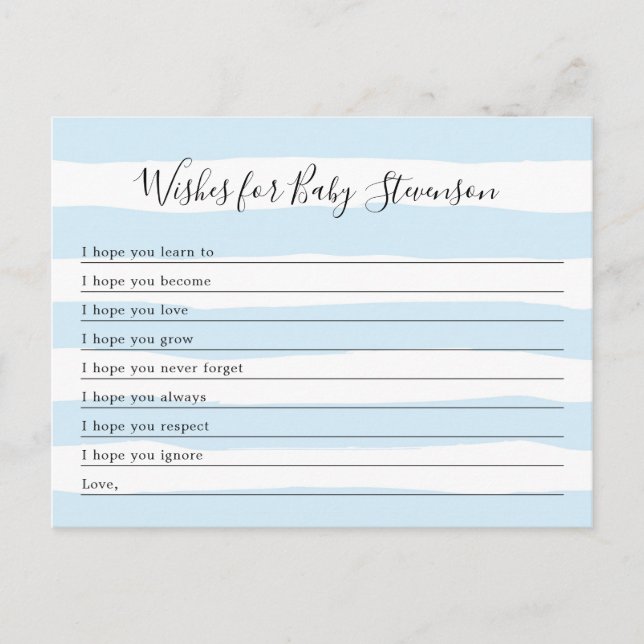 Carte Postale Voeux pour bébé, bleu rayé baby shower garçon (Devant)