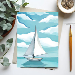 Carte Postale Voile dans le bleu Vagues d'océan aquarelle aqua