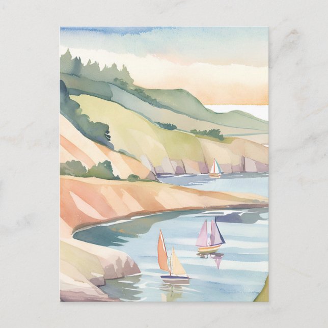 Carte Postale Voile Rivage | Aquarelle de l'océan de Rhode Islan (Devant)