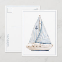 Voilier côtier avec voile à rayures bleues Personn