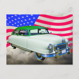 Carte Postale Voiture Ambassadeur Nash 1950 Et Drapeau Américain