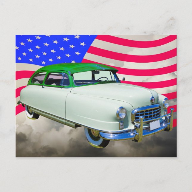 Carte Postale Voiture Ambassadeur Nash 1950 Et Drapeau Américain (Devant)