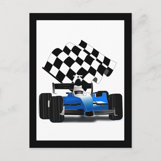 Carte Postale Voiture Blue Race avec drapeau À damiers (Devant)