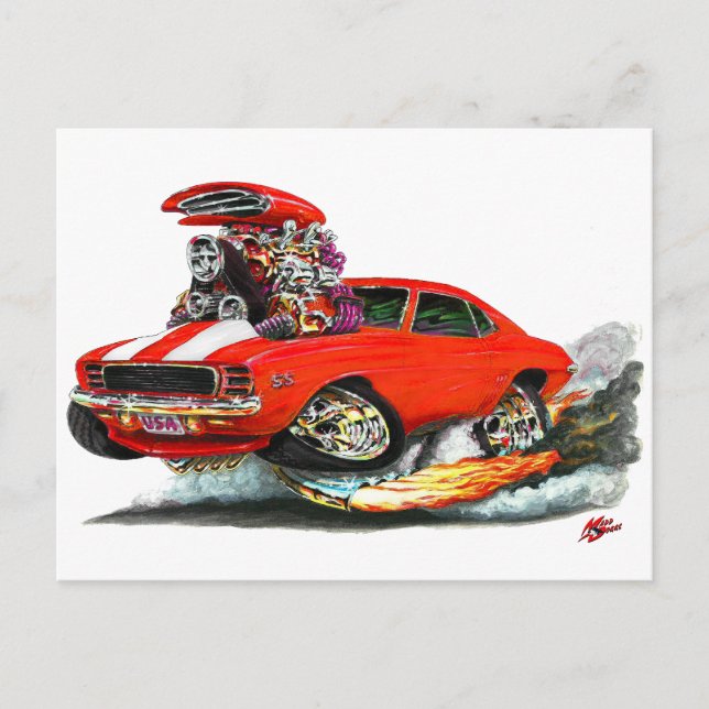 Carte Postale Voiture Camaro RS SS rouge-blanc 1969 (Devant)