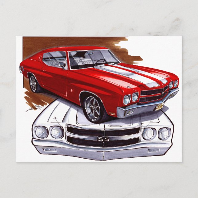 Carte Postale Voiture Chevelle rouge-blanc 1970 (Devant)