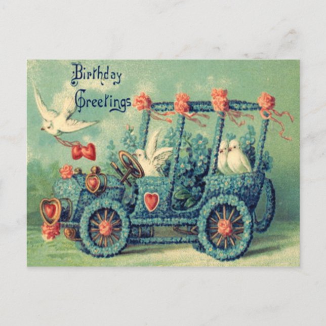 Carte Postale Voiture de colombe Oubliez-Moi-Pas Roses de coeur (Devant)