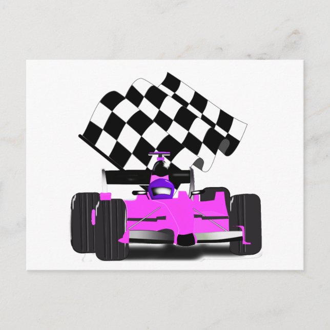 Carte Postale Voiture de course rose avec drapeau À damiers (Devant)