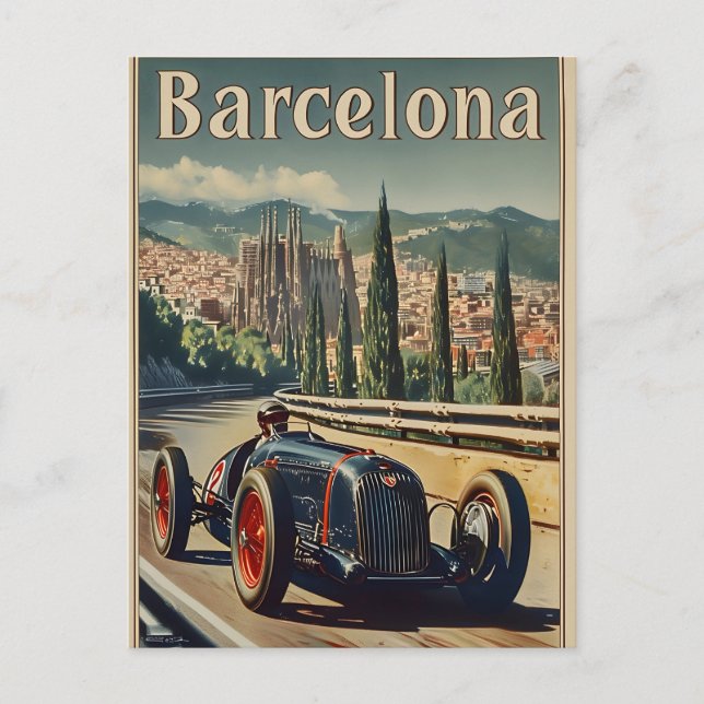 Carte Postale Voiture de course vintage à Barcelone (Devant)