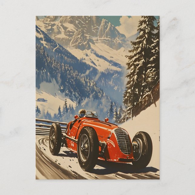 Carte Postale Voiture de course vintage dans les Alpes (Devant)