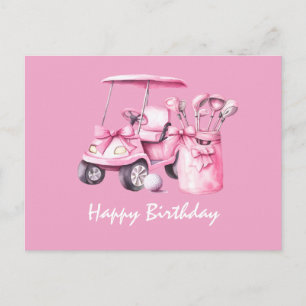 Carte Postale Voiture de golf avec golfeuse femme Joyeux Anniver