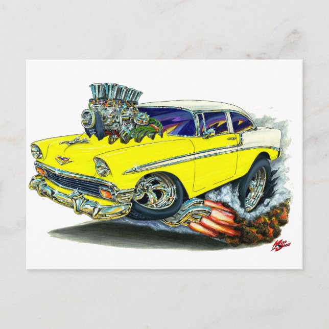 Carte Postale Voiture jaune Chevy Belair 1956 (Devant)