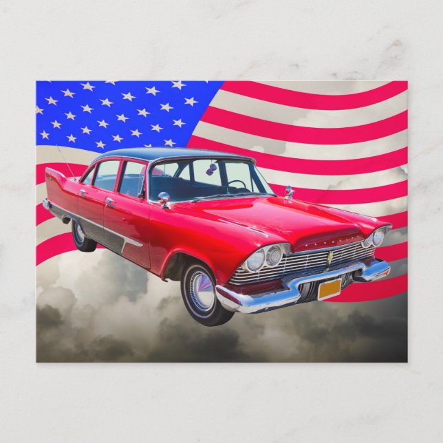Carte Postale Voiture Plymouth Savoy 1958 Avec Drapeau Américain (Devant)