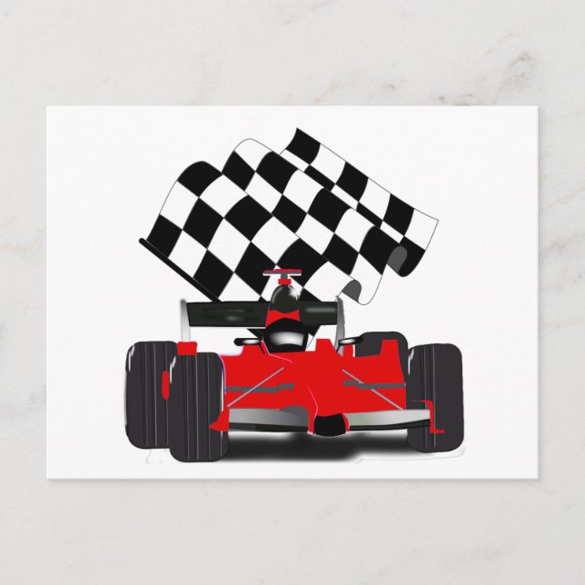 Carte Postale Voiture Red Race avec drapeau À damiers (Devant)