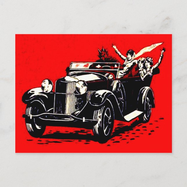 Carte Postale Voiture rouge Krampus Kidnapping (Devant)