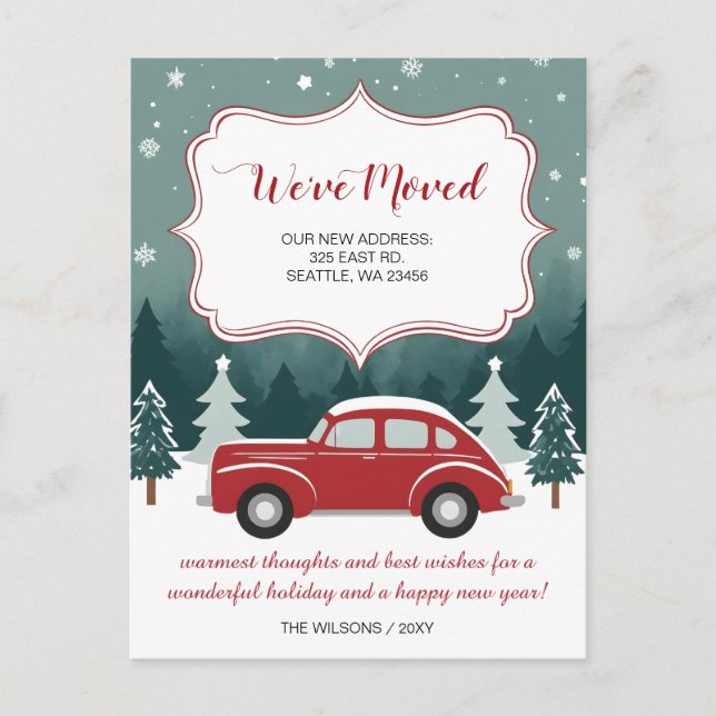 Carte Postale Voiture rouge Noël Nous avons déménagé Faire-part  (Devant)