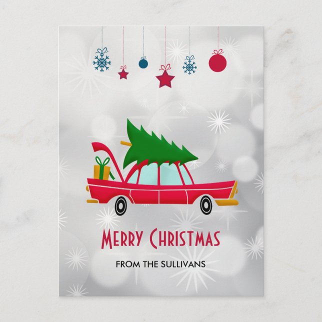 Carte Postale Voiture rouge rétro portant un arbre de Noël (Devant)