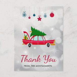 Carte Postale Voiture Rouge Rétro Transportant un Sapin de Noël 
