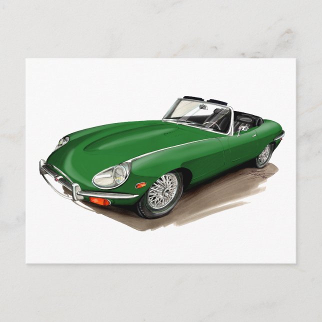 Carte Postale Voiture verte Jaguar XKE (Devant)