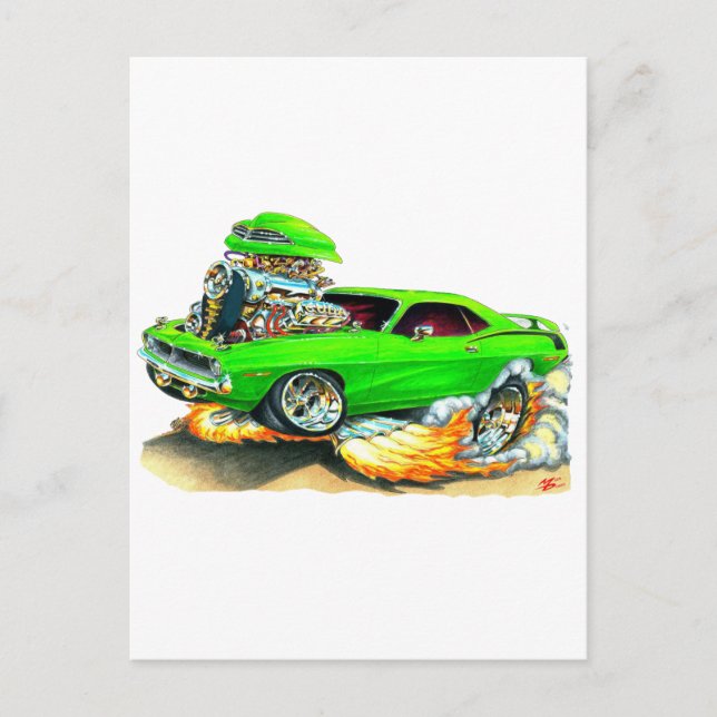 Carte Postale Voiture verte Plymouth Cuda 1970 (Devant)