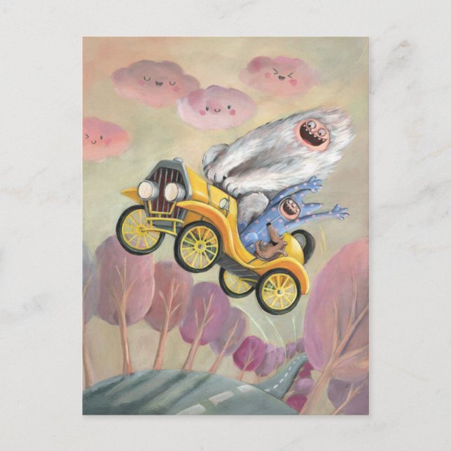 Carte Postale Voiture Vintage avec monstres (Devant)