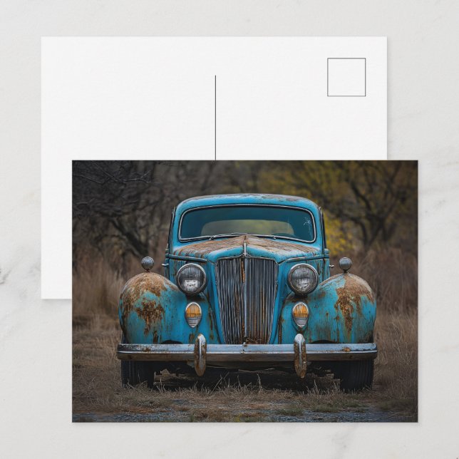 Carte Postale Voiture Vintage bleu rustique (Devant / Derrière)