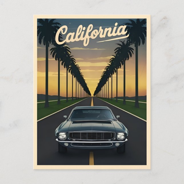 Carte Postale Voiture Vintage voyage California Sunset Muscle (Devant)