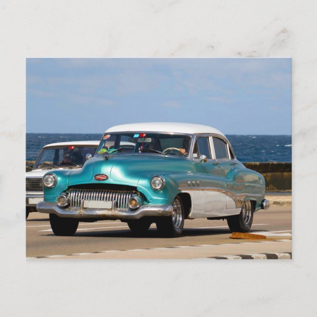 Carte Postale Voitures classiques de Cuba Sedan Turquoise et Bla (Devant)