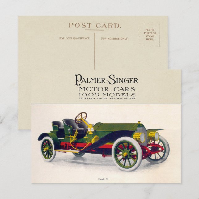 Carte Postale Voitures de moteur Palmer-Singer, 1909 (Devant / Derrière)