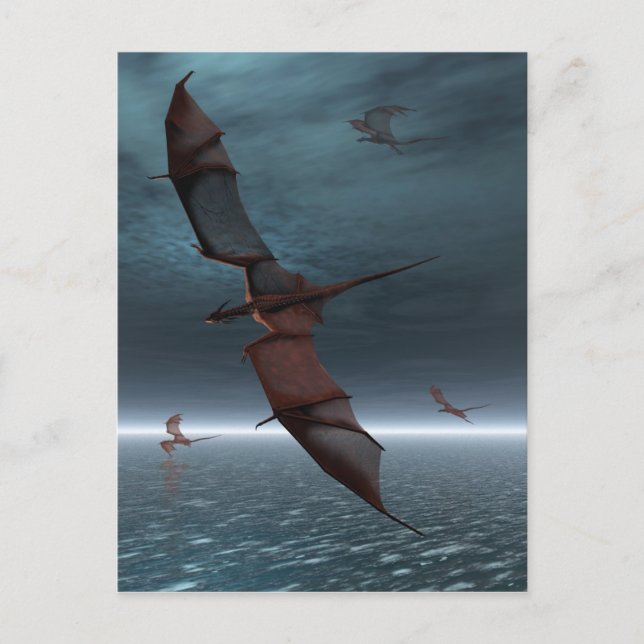 Carte Postale Vol de dragons rouges au-dessus de la mer (Devant)