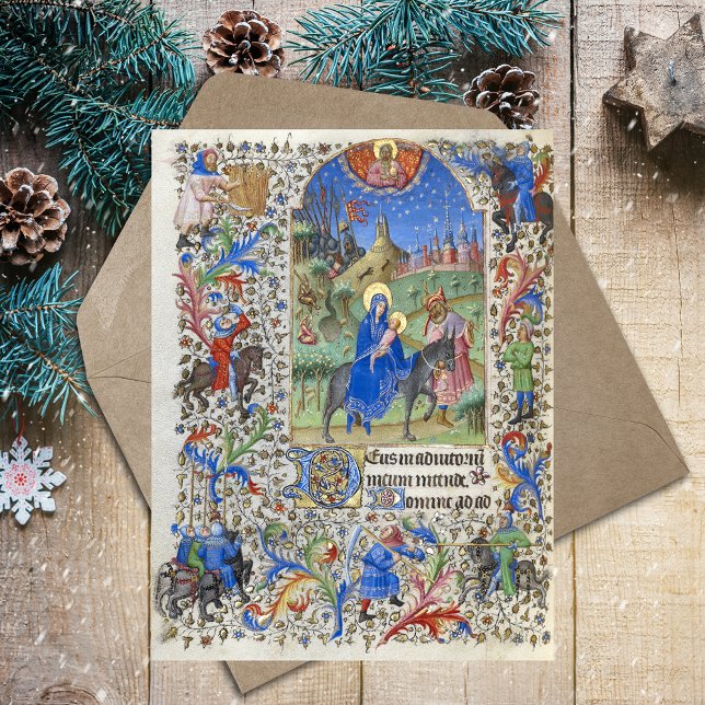 Carte Postale Vol de la Sainte Famille en Egypte Noël médiéval (Holy Family Flight into Egypt Christmas Nativity Medieval Catholic Christmas Postcard)