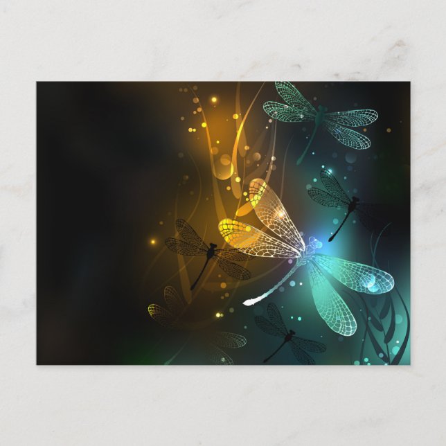 Carte Postale Vol libellule lumineuse verte (Devant)