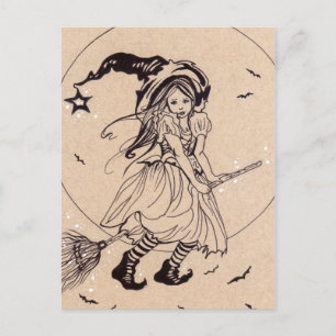 Carte Postale Voler avec moi petit balai sorcière halloween cart