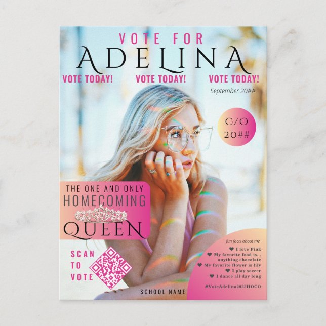 Carte Postale Vote Homecoming Queen Pink Magazine Style HOCO (Devant)