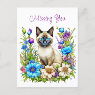Carte Postale Vous avez manqué   Aquarelle Chat siamois en Fleur