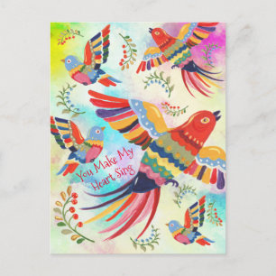 Carte Postale Vous faites chanter mon cœur Folk Art Oiseaux Tie-