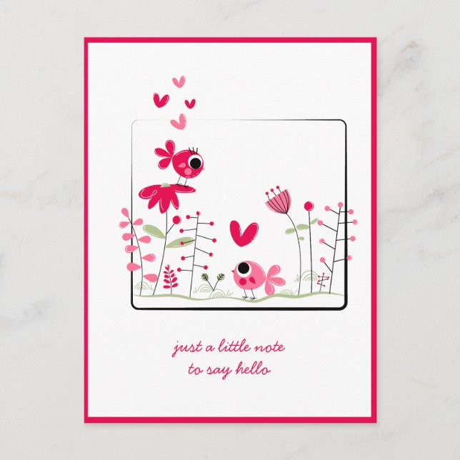 Carte Postale Vous pensant Fleurs et Oiseaux Rose Fantaisie (Devant)