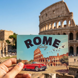 Carte Postale Voyage Cabriolet Rouge Colisée Rome Vintage