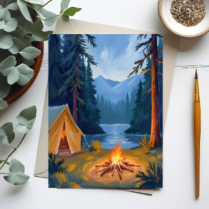 Carte Postale Voyage de camping Feu de camp de forêt Tente Aquar