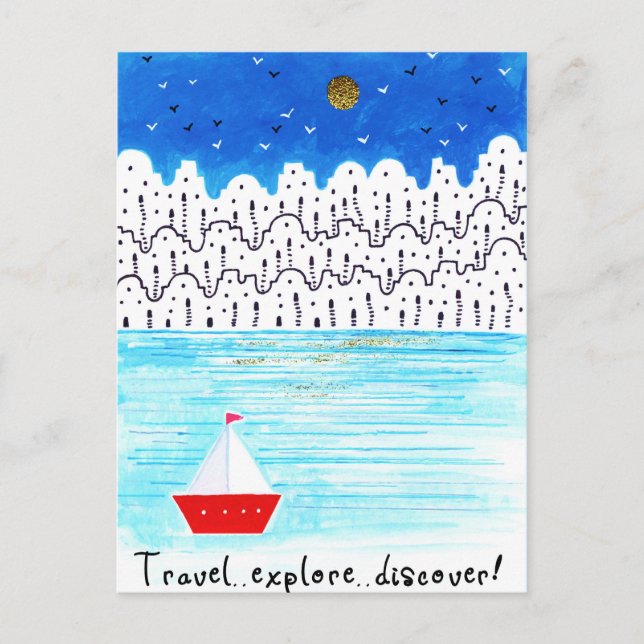 Carte Postale voyage découvrir bleu blanc acrylique bateau (Devant)