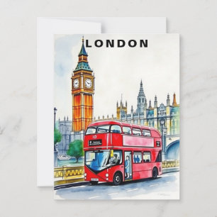 Carte Postale Voyage en bus à Londres au Royaume-Uni aquarelle