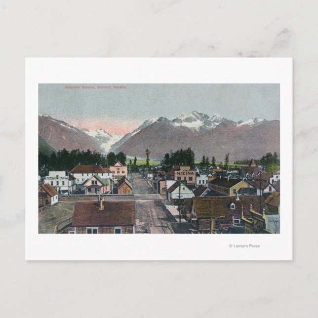 Carte Postale Vue aérienne estivale de la ville de Valdez, AK (Devant)