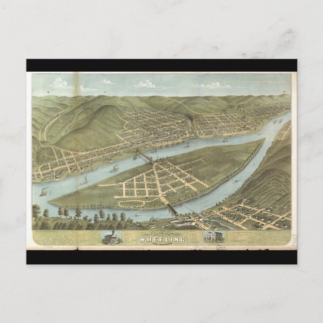 Carte Postale Vue de l'oiseau Wheeling West Virginia (1870) (Devant)