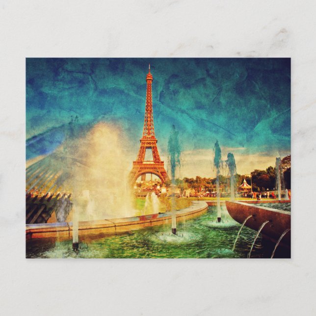 Carte Postale Vue de Paris peinture avec eiffel Tour et fontaine (Devant)